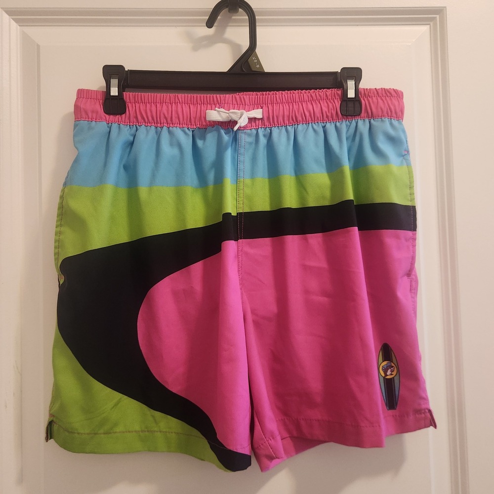 Buc-ee's Mens Swim Trunks Medium Neon Colorblock Retro 80s Board Shorts Pink